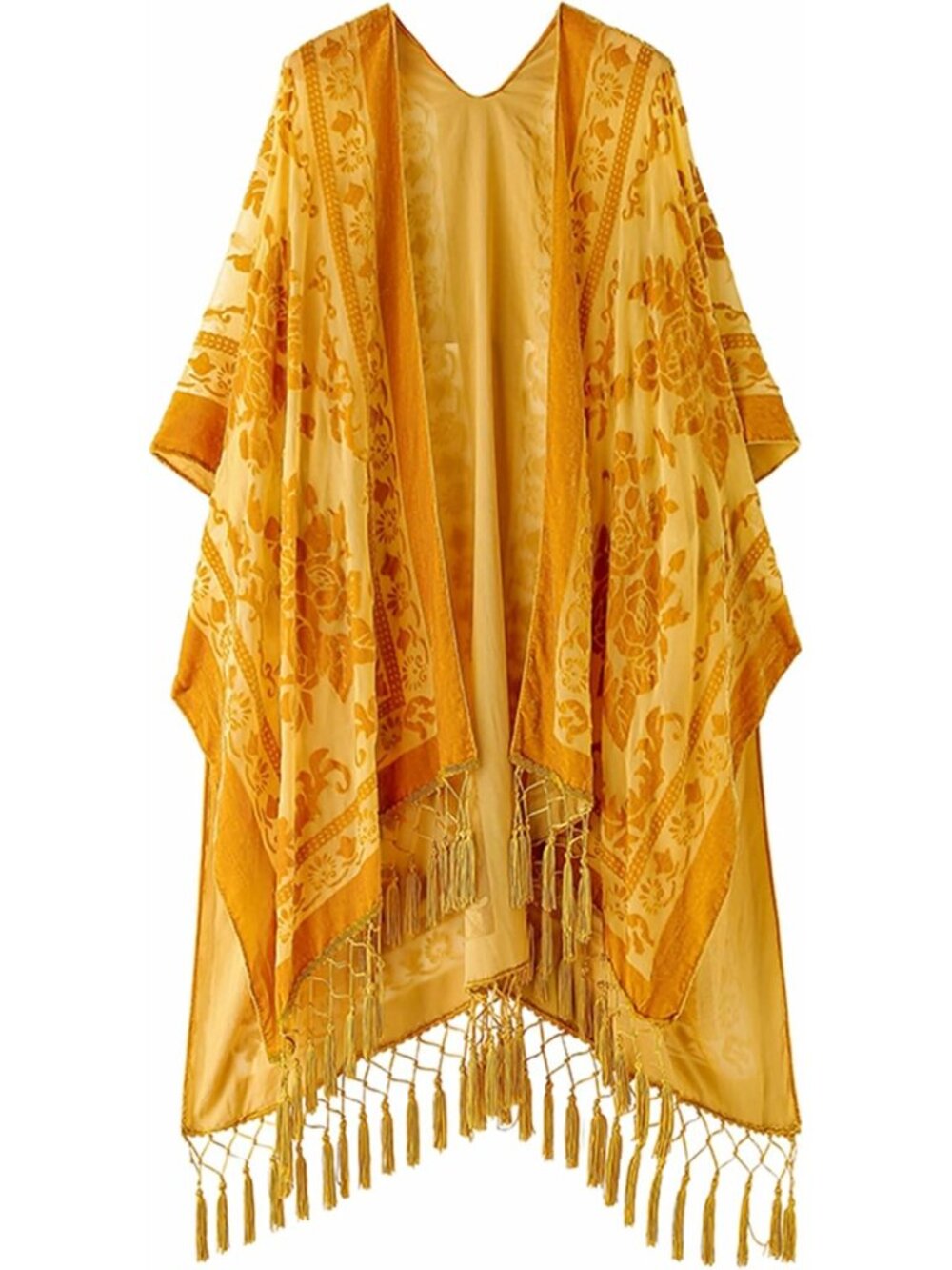 Mustard Gold Burnout Velvet Kimono Long Cardigan Duster Fringe Tassel Boho